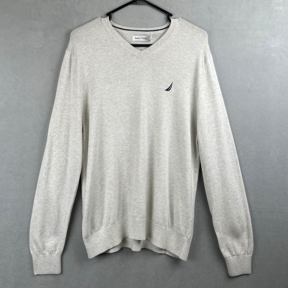 Nautica Mens V-Neck Sweater Oatmeal‎ Heather Cotton Knit Logo Pullover Preppy M
